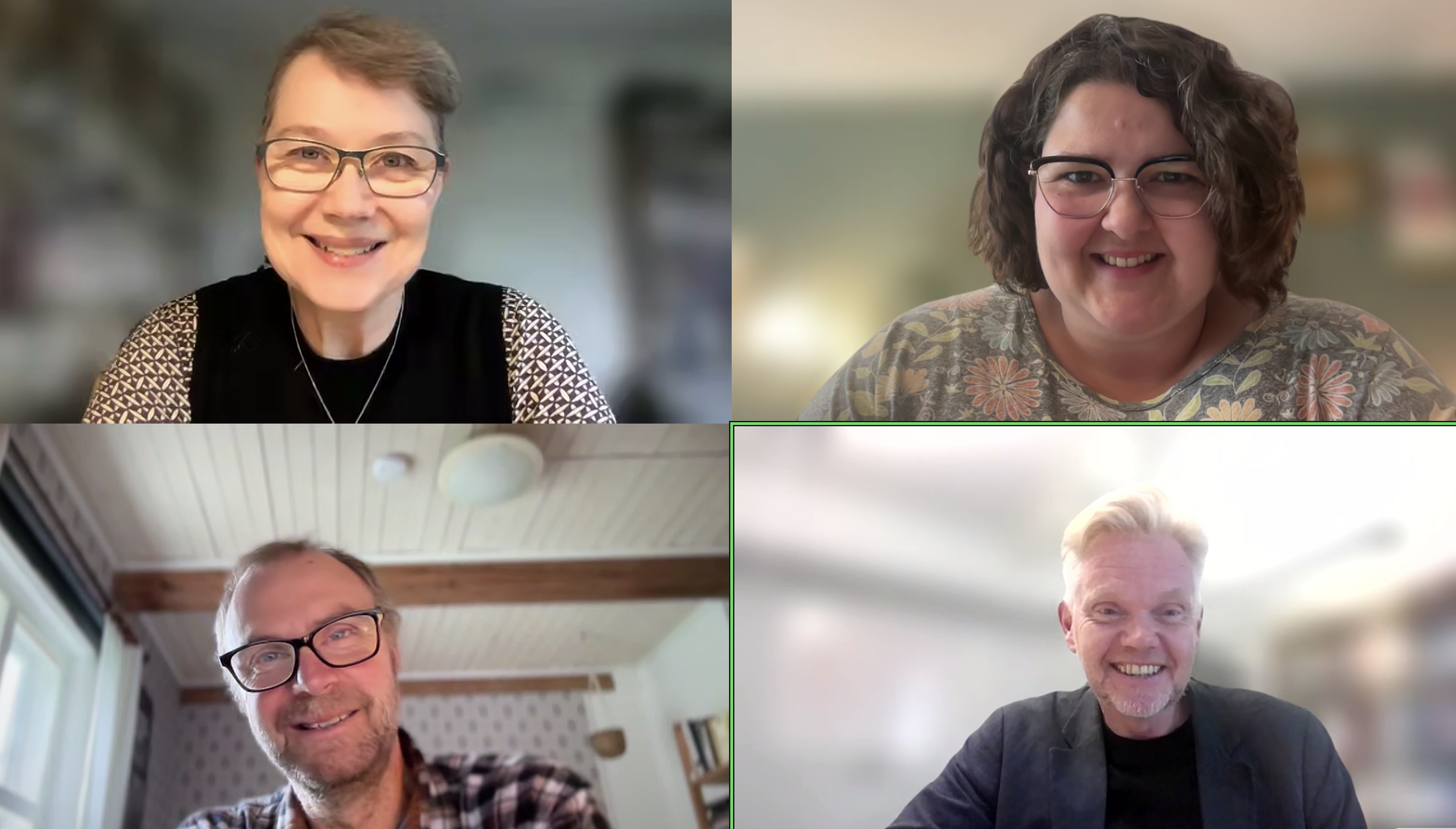 A split screen from a zoom call between the four project members. They are all smiling at the camera.