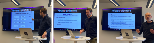 Three photos of three PIs presenting their respective projects in front of a big screen.