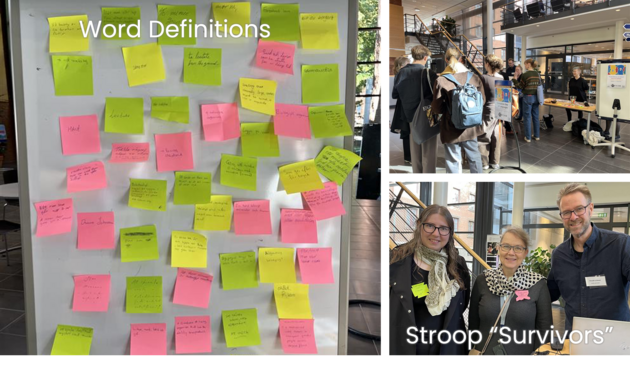 Three images: the first showing the crowd in front of the TEAM stand, the second showing the "Stroop survivors:" three people smiling and looking into the camera, the third showing a whiteboard covered in colourful post-its with definitions on them.